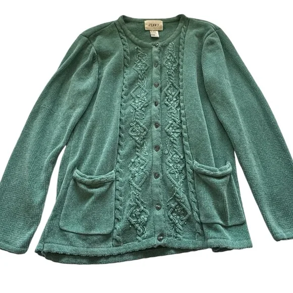 Vintage Jenny Teal Granny Core Button Pockets Beaded Knit Cardigan Size Medium - Picture 9 of 13